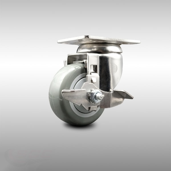 3.5 Inch 316SS Gray Polyurethane Wheel Swivel Top Plate Caster with Brake SCC